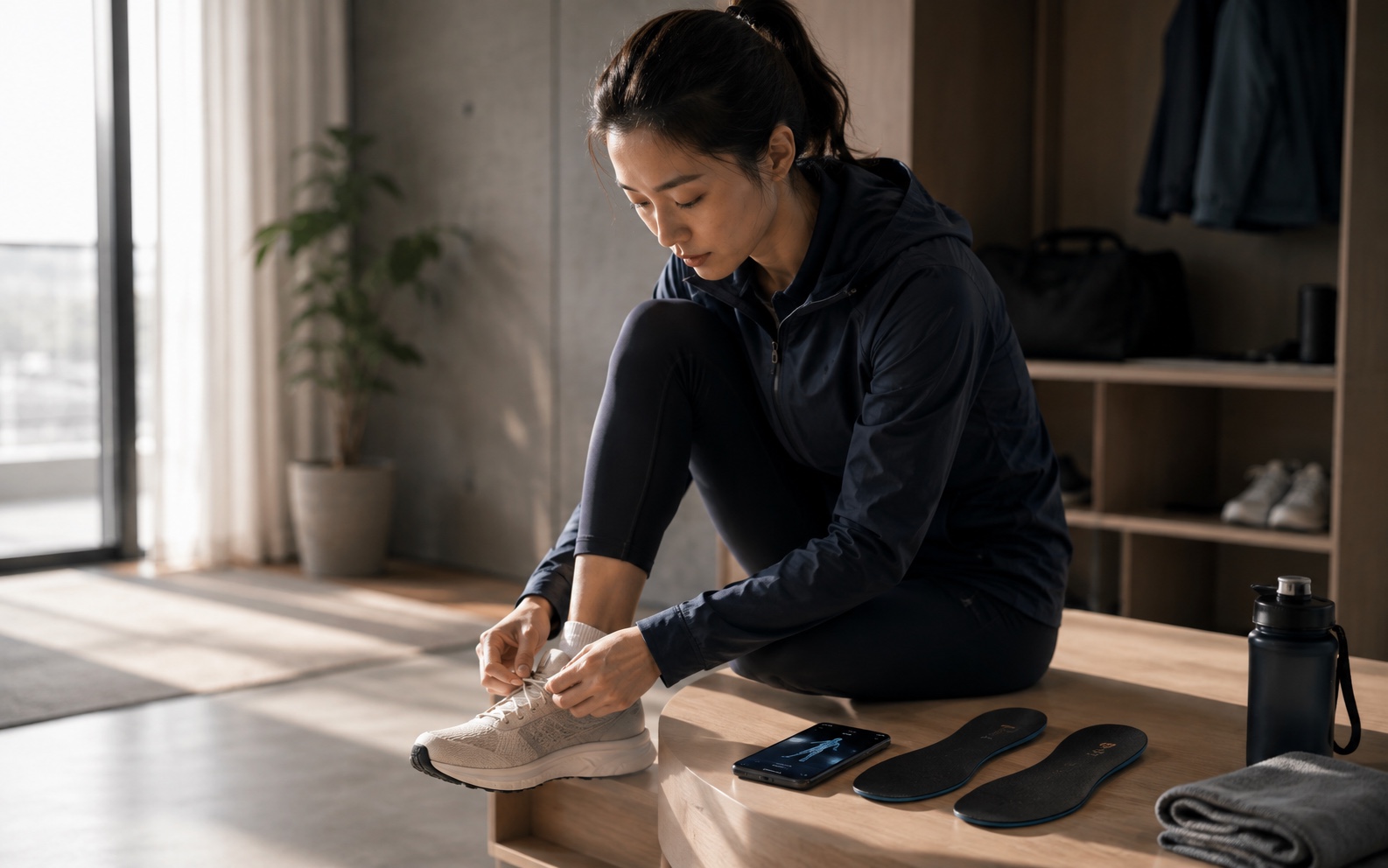 跑者在日常训练前使用智能鞋垫与配套 App